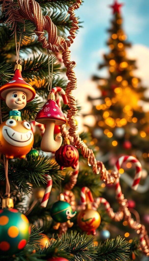 Whimsical Whoville Christmas tree decorations, adorned with vibrant colors and playful shapes. In the foreground, festive baubles and ornaments in the shape of quirky creatures, grinning toadstools, and spiraling candy canes. The middle ground features a twinkling garland of twisted tinsel, intertwined with delicate, ribbon-like vines. In the background, the tree itself stands tall, its branches reaching towards a softly-lit, ethereal sky, creating a sense of holiday wonder and enchantment. Warm, golden lighting casts a cozy glow, while a gentle, diffused lens blur adds to the dreamlike quality of the scene.
