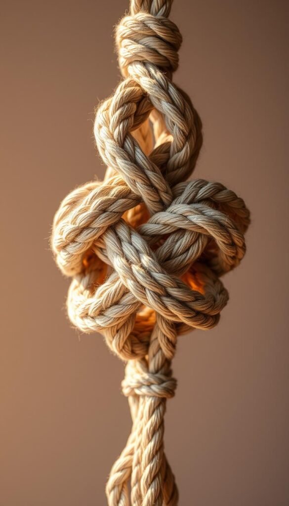 a detailed, high-resolution image of a macramé Christmas tree knot, with intricate knotwork and textures, bathed in warm, natural lighting, shot from a close, slightly elevated angle to showcase the complex patterns and structure of the macramé, with a neutral, uncluttered background that allows the crafted piece to be the focal point a detailed, high-resolution image of a macramé Christmas tree knot, with intricate knotwork and textures, bathed in warm, natural lighting, shot from a close, slightly elevated angle to showcase the complex patterns and structure of the macramé, with a neutral, uncluttered background that allows the crafted piece to be the focal point