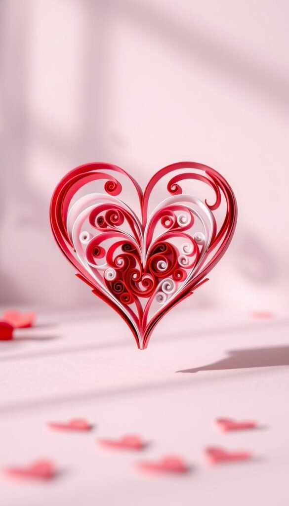 A beautiful, detailed quilling heart design made up of vibrant colored paper strips in shades of red, pink, and white, showcasing intricate swirls and loops. In the foreground, the heart takes center stage, beautifully layered to create a three-dimensional effect. The middle ground features a backdrop of softly blurred pastel hues that complement the heart, enhancing its visual appeal. Natural soft lighting casts gentle shadows, adding depth and warmth, while the camera angle is slightly elevated to capture the delicate details of the quilled paper. The mood is romantic and inviting, perfect for Valentine's Day, emphasizing creativity and the charm of handmade cards. The background remains simple and unobtrusive to maintain focus on the heart design. A beautiful, detailed quilling heart design made up of vibrant colored paper strips in shades of red, pink, and white, showcasing intricate swirls and loops. In the foreground, the heart takes center stage, beautifully layered to create a three-dimensional effect. The middle ground features a backdrop of softly blurred pastel hues that complement the heart, enhancing its visual appeal. Natural soft lighting casts gentle shadows, adding depth and warmth, while the camera angle is slightly elevated to capture the delicate details of the quilled paper. The mood is romantic and inviting, perfect for Valentine's Day, emphasizing creativity and the charm of handmade cards. The background remains simple and unobtrusive to maintain focus on the heart design.