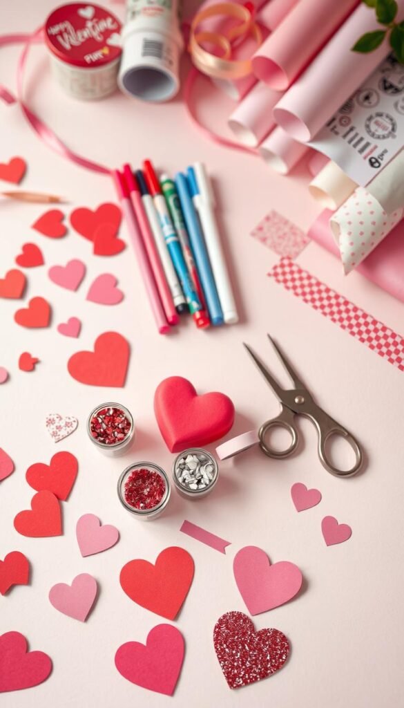 A beautiful, organized flat lay featuring a variety of Valentine's Day craft supplies on a soft pastel background. In the foreground, showcase heart-shaped cutouts in red and pink, decorative washi tape patterns, and sparkling glitter in small jars. In the middle, include colorful markers, glue sticks, and a pair of scissors arranged neatly. Highlight rolls of craft paper in pink, white, and patterned designs. The background should softly blur into a light, airy workspace with hints of ribbons and stencils peeking out. Natural soft lighting enhances the warm, festive atmosphere, creating a cozy and inviting feel. Use a top-down angle for a clear view of the supplies, evoking a sense of creativity and inspiration for DIY projects. A beautiful, organized flat lay featuring a variety of Valentine's Day craft supplies on a soft pastel background. In the foreground, showcase heart-shaped cutouts in red and pink, decorative washi tape patterns, and sparkling glitter in small jars. In the middle, include colorful markers, glue sticks, and a pair of scissors arranged neatly. Highlight rolls of craft paper in pink, white, and patterned designs. The background should softly blur into a light, airy workspace with hints of ribbons and stencils peeking out. Natural soft lighting enhances the warm, festive atmosphere, creating a cozy and inviting feel. Use a top-down angle for a clear view of the supplies, evoking a sense of creativity and inspiration for DIY projects.