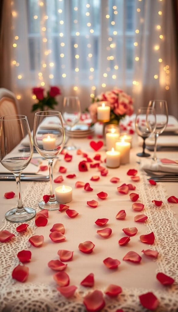 A beautifully arranged Valentine's Day table runner draped elegantly across a romantic dining table. The runner is adorned with delicate lace edges, soft pink and red rose petals scattered along its length, and subtle gold accents. In the foreground, crystal wine glasses reflect candlelight, while heart-shaped candles flicker softly, creating a warm glow. The middle section features a tastefully set table with gourmet dishes and elegant cutlery. In the background, soft fairy lights twinkle, enhancing the romantic atmosphere. The scene is captured from a slightly elevated angle, with soft, diffused lighting that adds a dreamy quality. The overall mood is intimate and inviting, perfect for a romantic dinner for two.
