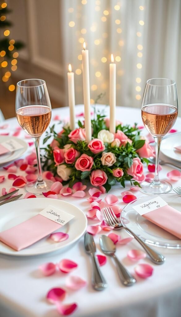 A beautifully arranged Valentine's Day table setting, featuring an elegant white tablecloth adorned with soft pink and red rose petals. In the foreground, a pair of fine china dinner plates sit atop glistening crystal chargers, accompanied by polished silver cutlery and delicate wine glasses filled with a blush rosé. Handwritten place cards on each plate add a personal touch. The middle of the scene showcases a centerpiece of fresh flowers, intertwining greenery, and charming candles in varying heights, casting a warm glow. In the background, softly blurred fairy lights twinkle, enhancing the romantic atmosphere. The image is captured from a slightly elevated angle, with soft, diffused lighting that creates a cozy and inviting mood, perfect for a special occasion.