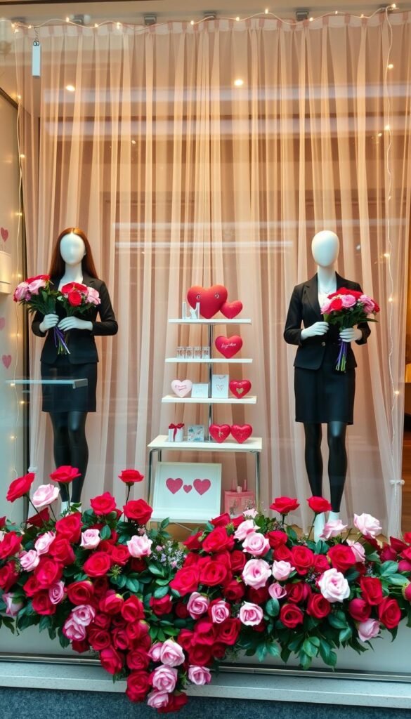 A beautifully arranged Valentine's Day window display showcasing an inviting storefront atmosphere. In the foreground, a heart-shaped arrangement of vibrant red and pink flowers borders the window, while stylish mannequins dressed in elegant casual attire hold bouquets of roses. In the middle, a quaint display of heart-themed accessories, like plush toys and charming cards, is strategically placed on tiered shelving. The background features softly glowing fairy lights and delicate sheer curtains that diffuse warm, romantic lighting. The scene emanates a cozy and festive mood, perfect for attracting passersby. Shot from a straight-on angle, with a slight tilt to capture the depth of the display, emphasizing texture and color contrasts that draw the viewer in.