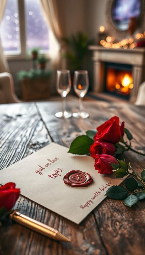 A beautifully arranged Valentine's letter on a rustic wooden table, elegantly folded with a wax seal, surrounded by delicate red roses and soft green leaves. In the foreground, a shimmering gold pen rests beside the letter, capturing the essence of heartfelt expression. The middle section features a softly blurred image of a cozy living room, with warm lighting from a nearby fireplace casting a soft glow. A pair of champagne flutes sit on the table, reflecting the romantic atmosphere. In the background, a softly lit window reveals a serene night sky filled with twinkling stars, enhancing the mood of deep love and intimacy. The overall atmosphere is one of tenderness, warmth, and enduring affection, perfect for a long-term partner or spouse.