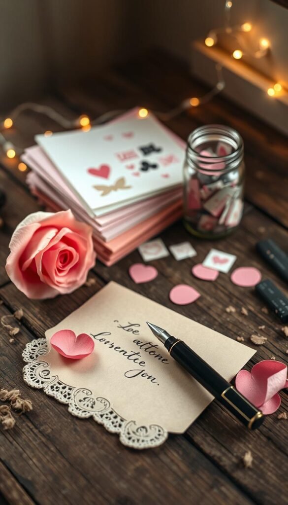 A beautifully arranged assortment of Valentine letter essentials on a rustic wooden table. In the foreground, a heart-shaped vintage envelope with intricate lace detailing lies open, revealing a handwritten love letter with flowing calligraphy. Beside it, a fountain pen rests atop a delicate pink rose petal. In the middle ground, there's a stack of pastel-colored paper with romantic embellishments, and a small glass jar filled with love-themed stickers. The background features softly blurred fairy lights, enhancing a warm and intimate atmosphere. Natural soft lighting filters in from the side, creating gentle shadows and highlights, evoking feelings of nostalgia and warmth. The overall mood is tender and romantic, perfect for illustrating emotional connections in Valentine letters.