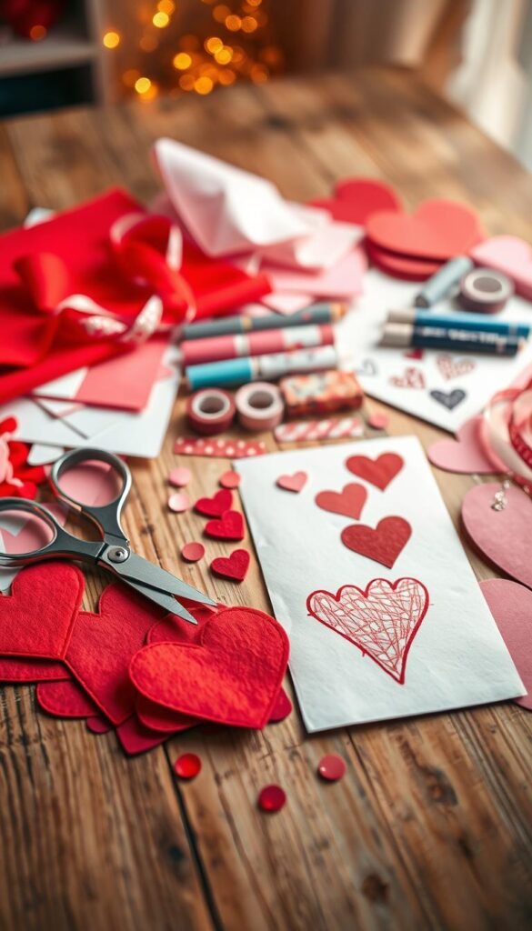 A beautifully arranged collection of Valentine's Day crafting supplies spread across a wooden table. In the foreground, vibrant red, pink, and white materials, including felt sheets, heart-shaped paper cutouts, colorful ribbons, and sparkly sequins. A pair of scissors and a glue stick are positioned artfully next to a partially completed handmade card featuring hand-drawn hearts. The middle of the scene showcases a lovely array of washi tapes, markers, and decorative stamps in pastel colors. The background is softly blurred, hinting at a cozy crafting corner with a warm, inviting light, creating a cheerful atmosphere. A hint of fairy lights adds a magical touch. The image evokes a sense of creativity and joy, ideal for inspiring adults to explore their artistic side this Valentine's Day. The lighting is warm and natural, reminiscent of a sunlit afternoon, with a focus on the textures and colors of the supplies.