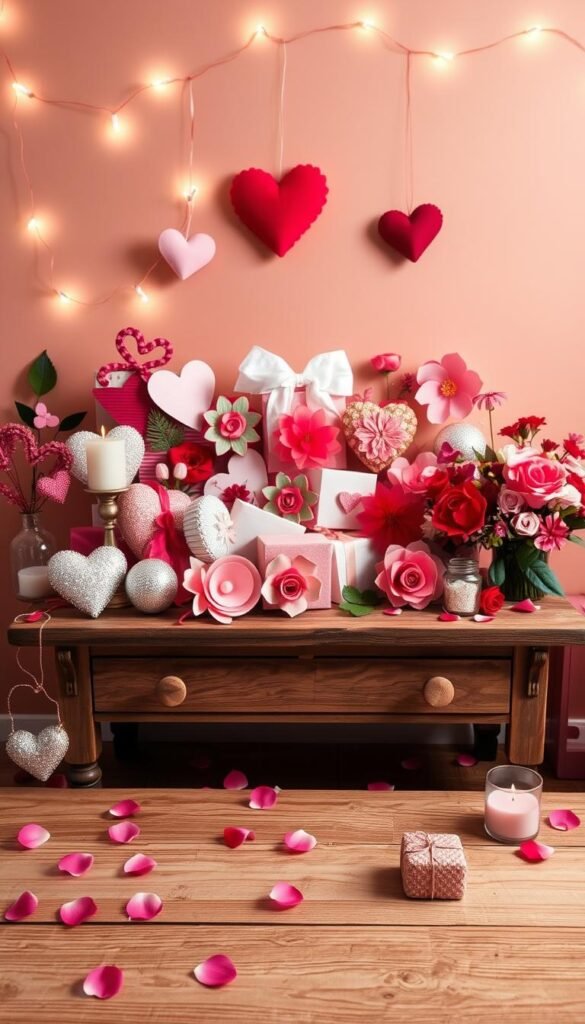 A beautifully arranged display of Valentine crafts, showcasing an assortment of handmade heart decorations, colorful paper flowers, and creatively crafted gift boxes. In the foreground, a charming wooden table is adorned with glittery heart-shaped ornaments and delicate candle holders. The middle layer features a variety of crafted items in soft pastels and vibrant reds and pinks, surrounded by scattered rose petals and small decorative ribbons. The background softly blends into a warm, muted pastel wall with fairy lights twinkling, adding a cozy ambiance. The lighting is soft and inviting, creating gentle shadows that enhance the textures of the crafts. Capture the scene from a slightly elevated angle, focusing on the details of the crafts while conveying a sense of warmth, creativity, and celebration of love, perfect for inspiring adult crafters.