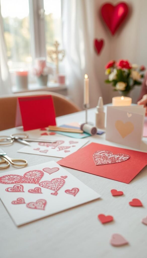 A beautifully arranged table displaying various handmade Valentine cards in an inviting setting. In the foreground, showcase a brightly colored red and pink heart-themed card with intricate hand-drawn designs and glitter accents. Next to it, feature a simple yet elegant card with cut-out shapes and floral elements. In the middle ground, include craft supplies like scissors, glue, and colorful paper neatly placed, emphasizing a creative atmosphere. The background should show soft, natural lighting filtering through a window, casting a warm glow over the space. Add subtle decorations like heart-shaped candles and fresh flowers to evoke a romantic mood. Focus on a cozy, artistic vibe, highlighting the joy of DIY card-making. Ensure the scene is inviting, showcasing the simplicity and charm of handmade Valentine's cards. A beautifully arranged table displaying various handmade Valentine cards in an inviting setting. In the foreground, showcase a brightly colored red and pink heart-themed card with intricate hand-drawn designs and glitter accents. Next to it, feature a simple yet elegant card with cut-out shapes and floral elements. In the middle ground, include craft supplies like scissors, glue, and colorful paper neatly placed, emphasizing a creative atmosphere. The background should show soft, natural lighting filtering through a window, casting a warm glow over the space. Add subtle decorations like heart-shaped candles and fresh flowers to evoke a romantic mood. Focus on a cozy, artistic vibe, highlighting the joy of DIY card-making. Ensure the scene is inviting, showcasing the simplicity and charm of handmade Valentine's cards.