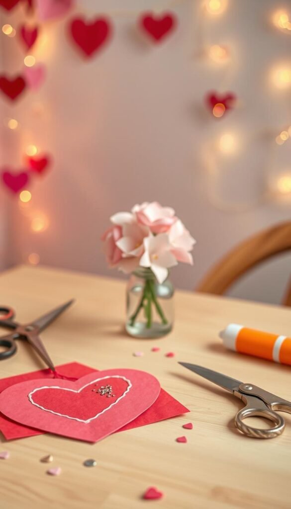 A beautifully arranged table showcasing a simple Valentine craft idea, perfect for adults. In the foreground, a heart-shaped card made from red and pink construction paper, embellished with hand-stitched white thread and a touch of glitter. Beside it, scissors and a glue stick with a few scattered sequins add a crafting vibe. In the middle ground, a simple bouquet of DIY paper flowers in soft pastels stands in a small glass jar, hinting at a personal touch. The background features soft, warm lighting that creates a cozy atmosphere, with blurred shapes of Valentine's decorations like heart garlands and fairy lights, enhancing the overall romantic feel. The scene evokes a sense of creativity and quick, accessible crafting for Valentine's Day.