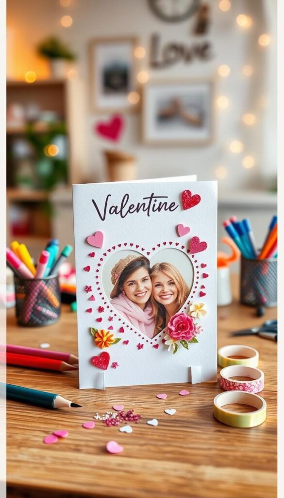 A beautifully crafted Valentine card displayed prominently in the foreground, featuring a heartwarming photo of a couple smiling together, surrounded by playful embellishments like glitter hearts and pastel flowers. The middle ground showcases art supplies like colored markers, scissors, and washi tape, hinting at a DIY theme. In the background, a softly blurred home setting with warm lighting and a cozy table covered with crafting materials creates a welcoming atmosphere. The entire scene radiates love and creativity, capturing the essence of personalized keepsakes. The image is shot from a slightly elevated angle, enhancing the card's details, with soft, diffused lighting that adds a romantic glow. The mood is cheerful and inviting, perfect for celebrating love and creativity on a special occasion. A beautifully crafted Valentine card displayed prominently in the foreground, featuring a heartwarming photo of a couple smiling together, surrounded by playful embellishments like glitter hearts and pastel flowers. The middle ground showcases art supplies like colored markers, scissors, and washi tape, hinting at a DIY theme. In the background, a softly blurred home setting with warm lighting and a cozy table covered with crafting materials creates a welcoming atmosphere. The entire scene radiates love and creativity, capturing the essence of personalized keepsakes. The image is shot from a slightly elevated angle, enhancing the card's details, with soft, diffused lighting that adds a romantic glow. The mood is cheerful and inviting, perfect for celebrating love and creativity on a special occasion.