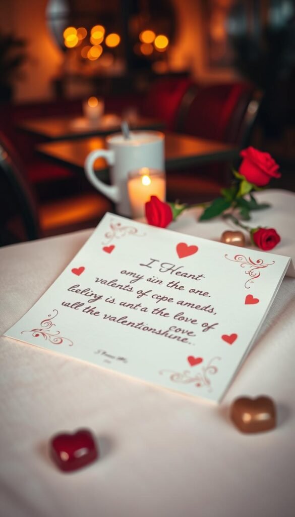 A beautifully crafted Valentine letter, elegantly placed on a soft, pastel-colored background. The letter features heart motifs and delicate floral designs, exuding warmth and affection. Surrounding the letter, there are small tokens of love, such as a couple of red roses and a few heart-shaped chocolates. In the background, a softly blurred image of a cozy café setting with dim, romantic lighting creates an inviting atmosphere. The scene captures the excitement and sweetness of a new relationship. The lighting is warm and soft, reminiscent of golden hour, enhancing the romantic vibe. Angle the composition slightly from above, offering a glimpse of the letter’s handwritten details, while maintaining a gentle focus on the surrounding elements that symbolize love and connection.