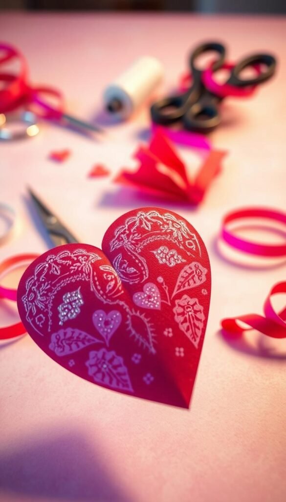 A beautifully crafted heart made from vibrant red and pink paper, floating gently on a soft, blurred pastel background. In the foreground, the heart is slightly tilted to showcase intricate details like lace patterns and shimmering glitter, capturing the craftsmanship. The middle ground features a cozy workspace with crafting tools such as scissors, glue, and colorful ribbons, arranged artfully around the heart to evoke a creative atmosphere. Soft, warm lighting enhances the scene, casting gentle shadows that create depth. The image captures a romantic and inviting mood, perfect for Valentine's Day, emphasizing the elegance and effort involved in making heartfelt, handcrafted decorations for special occasions. The perspective is slightly above the crafting table, allowing a clear view of the heart and materials.