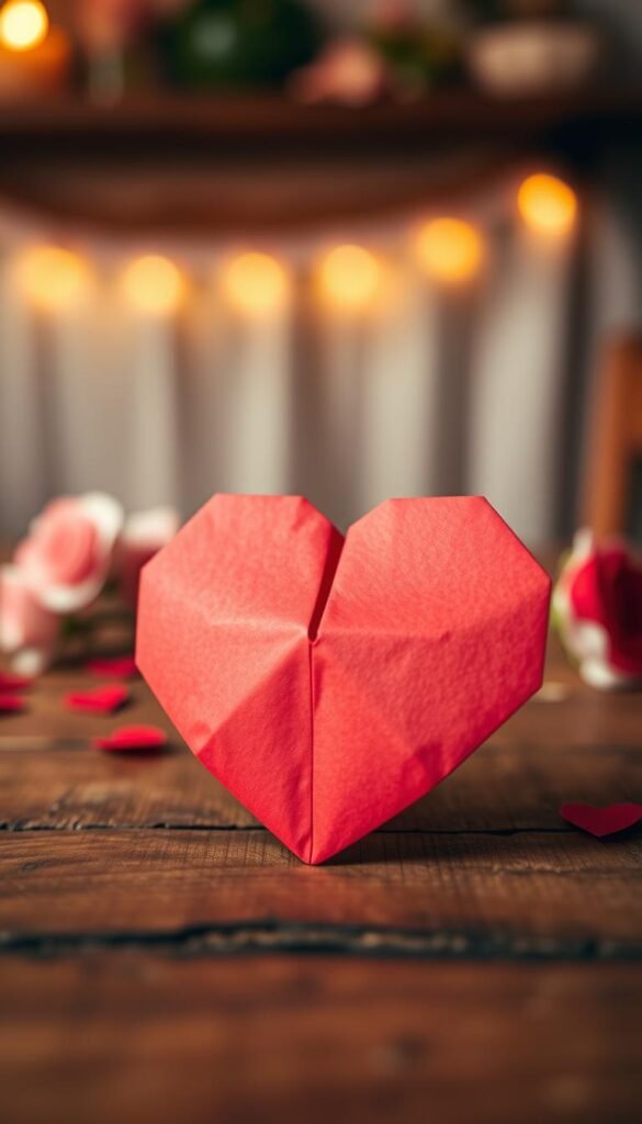 A beautifully crafted origami heart card, delicately folded from vibrant red paper, is showcased prominently in the foreground. The heart card features intricate details, such as visible folds and a textured surface, highlighting the artistry of origami. Surrounding the heart card, a soft, blurred background reveals a cozy, intimate setting with warm, gentle lighting that creates a romantic atmosphere. A wooden table adds a rustic touch, while subtle hints of fresh flowers in pastel colors are placed softly in the background. The scene is captured from a slightly elevated angle, adding depth and inviting viewers to appreciate the craftsmanship of the card. The overall mood is warm, loving, and inviting, perfect for a Valentine’s theme. A beautifully crafted origami heart card, delicately folded from vibrant red paper, is showcased prominently in the foreground. The heart card features intricate details, such as visible folds and a textured surface, highlighting the artistry of origami. Surrounding the heart card, a soft, blurred background reveals a cozy, intimate setting with warm, gentle lighting that creates a romantic atmosphere. A wooden table adds a rustic touch, while subtle hints of fresh flowers in pastel colors are placed softly in the background. The scene is captured from a slightly elevated angle, adding depth and inviting viewers to appreciate the craftsmanship of the card. The overall mood is warm, loving, and inviting, perfect for a Valentine’s theme.