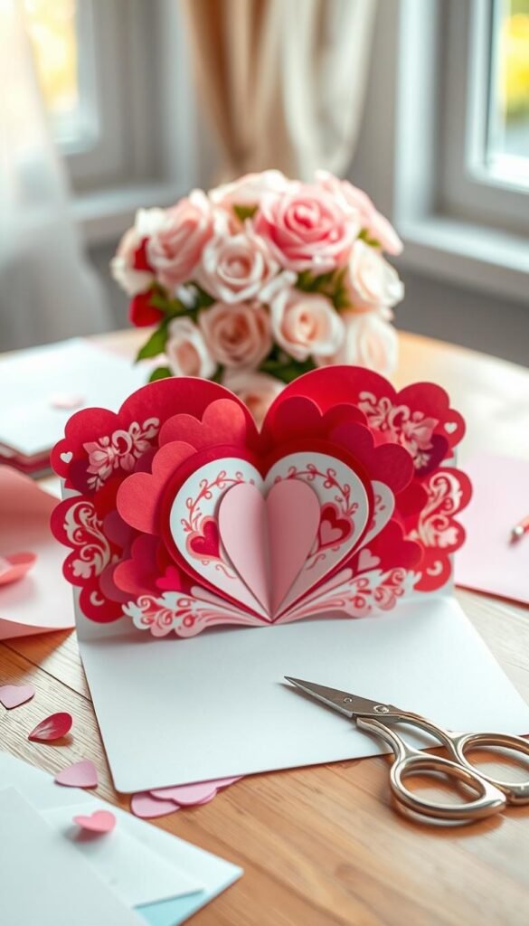 A beautifully crafted pop-up heart card, displayed in the foreground, featuring intricately folded crimson and pink hearts bursting out in a 3D effect. The card is open, showcasing a delicate design with ornate decorations, surrounded by soft pastel papers and tiny craft scissors on a wooden table. In the middle ground, a gentle bouquet of roses in light pink and white enhances the romantic vibe, hinting at a crafting moment. The background is softly blurred, with warm natural light streaming through a window, creating an inviting atmosphere. The angle is slightly overhead, emphasizing the depth of the pop-up design while capturing the elegance and charm of homemade Valentine cards, evoking feelings of love and creativity. A beautifully crafted pop-up heart card, displayed in the foreground, featuring intricately folded crimson and pink hearts bursting out in a 3D effect. The card is open, showcasing a delicate design with ornate decorations, surrounded by soft pastel papers and tiny craft scissors on a wooden table. In the middle ground, a gentle bouquet of roses in light pink and white enhances the romantic vibe, hinting at a crafting moment. The background is softly blurred, with warm natural light streaming through a window, creating an inviting atmosphere. The angle is slightly overhead, emphasizing the depth of the pop-up design while capturing the elegance and charm of homemade Valentine cards, evoking feelings of love and creativity.