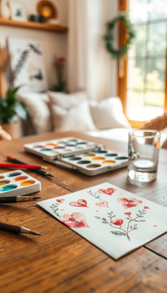 A beautifully crafted watercolor Valentine card featuring delicate floral arrangements in soft pinks, reds, and greens. In the foreground, the card displays hand-painted hearts and whimsical patterns, with gentle brush strokes showcasing the fluidity of watercolor. The middle layer reveals the card lying on a rustic wooden table, partially surrounded by art supplies like paintbrushes, watercolor palettes, and a small glass of water, emphasizing a DIY atmosphere. The background contains a softly blurred scene of a cozy room illuminated by warm, natural light coming through a large window, enhancing the inviting and artistic ambiance. Capture a serene and romantic mood, encouraging creativity and warmth. Ensuring clarity and focus, utilize a shallow depth of field to draw attention to the card while gently softening the background elements. A beautifully crafted watercolor Valentine card featuring delicate floral arrangements in soft pinks, reds, and greens. In the foreground, the card displays hand-painted hearts and whimsical patterns, with gentle brush strokes showcasing the fluidity of watercolor. The middle layer reveals the card lying on a rustic wooden table, partially surrounded by art supplies like paintbrushes, watercolor palettes, and a small glass of water, emphasizing a DIY atmosphere. The background contains a softly blurred scene of a cozy room illuminated by warm, natural light coming through a large window, enhancing the inviting and artistic ambiance. Capture a serene and romantic mood, encouraging creativity and warmth. Ensuring clarity and focus, utilize a shallow depth of field to draw attention to the card while gently softening the background elements.