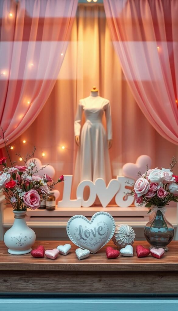 A beautifully curated Valentine's Day window display, featuring a whimsical scene of romance. In the foreground, an elegantly decorated wooden table holds heart-shaped chocolates and delicate flower arrangements in pastel shades of pink and red. The middle area showcases a charming mannequin dressed in a stylish, romantic outfit, surrounded by hand-painted love letters and glowing fairy lights that create a warm, inviting ambiance. In the background, soft pink curtains frame the window, with subtle drawings of hearts and arrows. The lighting is soft and ethereal, giving an enchanting golden hour effect, evoking feelings of warmth and love. The composition should be shot from a slightly angled perspective, emphasizing depth and inviting viewers into a storytelling atmosphere that captures the essence of Valentine's Day.