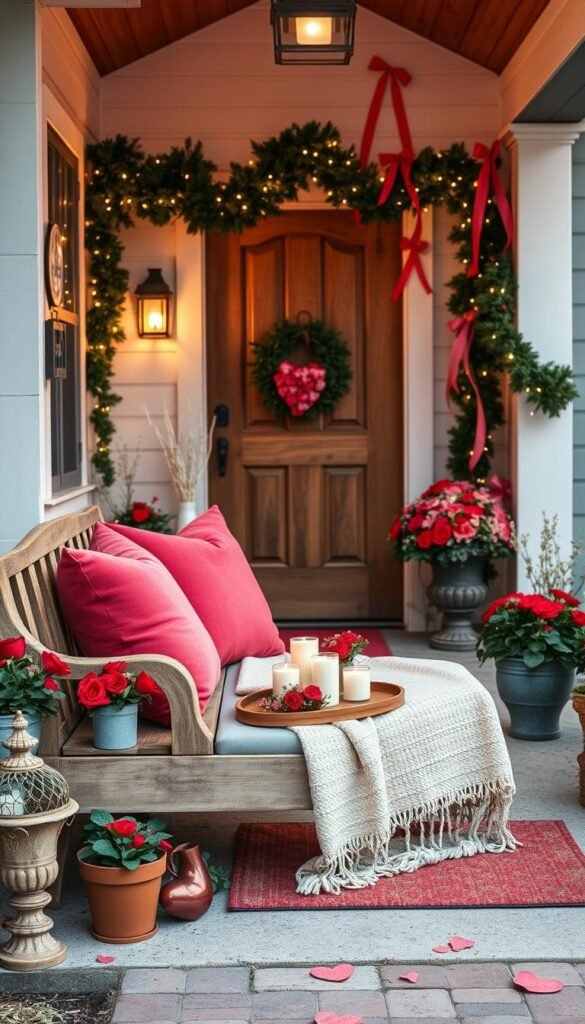 A beautifully decorated porch for Valentine's Day during the transition from winter to spring. In the foreground, a cozy seating area features a rustic wooden bench adorned with plush pink and red cushions, and a soft throw blanket. Potted red roses and heart-shaped accents are placed on either side of the bench. In the middle ground, a small table holds a decorative heart-shaped tray with candles and a vase of fresh flowers. The background showcases a welcoming entryway with a charming wooden door draped in twinkling fairy lights and garlands of greenery intertwined with red and pink ribbons. The atmosphere is warm and inviting, bathed in soft, ambient evening light, capturing a romantic and cozy vibe perfect for the Valentine's season. Aim for a slightly elevated angle to emphasize the overall arrangement while keeping the focus on the cozy seating area. A beautifully decorated porch for Valentine's Day during the transition from winter to spring. In the foreground, a cozy seating area features a rustic wooden bench adorned with plush pink and red cushions, and a soft throw blanket. Potted red roses and heart-shaped accents are placed on either side of the bench. In the middle ground, a small table holds a decorative heart-shaped tray with candles and a vase of fresh flowers. The background showcases a welcoming entryway with a charming wooden door draped in twinkling fairy lights and garlands of greenery intertwined with red and pink ribbons. The atmosphere is warm and inviting, bathed in soft, ambient evening light, capturing a romantic and cozy vibe perfect for the Valentine's season. Aim for a slightly elevated angle to emphasize the overall arrangement while keeping the focus on the cozy seating area.