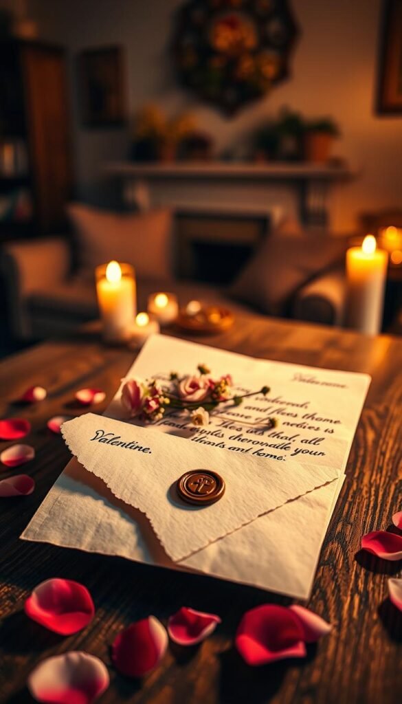 A beautifully styled vintage Valentine letter resting on a rustic wooden table. In the foreground, the letter is elegantly folded, with intricate hand-written calligraphy and delicate wax seal, surrounded by scattered rose petals in soft pinks and reds. The middle layer features a small, tasteful bouquet of fresh flowers, complementing the letter's romantic theme. In the background, a warm, softly lit setting reveals a blurred silhouette of a cozy living room, with flickering candlelight casting gentle shadows, enhancing the intimate atmosphere. The scene is captured with a shallow depth of field, focusing on the letter, evoking feelings of nostalgia and heartfelt emotion, under warm golden hour lighting.