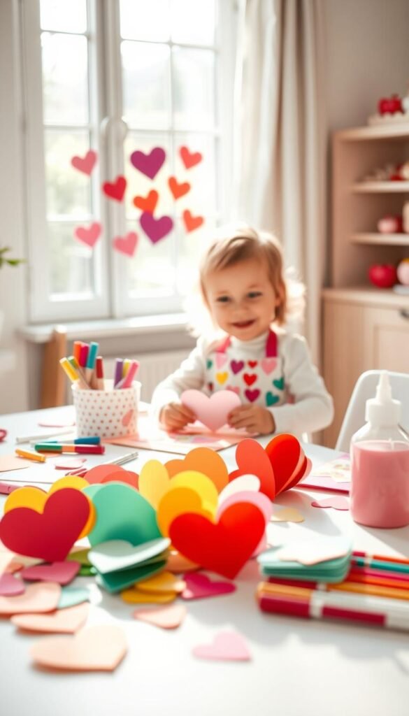 A bright, inviting scene showcasing a well-organized craft table set up for toddler Valentine’s Day crafts. In the foreground, colorful construction paper hearts and safe, mess-free craft supplies like stickers, non-toxic glue, and washable markers are neatly arranged. In the middle, a cheerful toddler, dressed in a colorful apron and with minimal mess, is focused on creating a valentine card, surrounded by heart-themed cutouts. In the background, a soft, sunny window illuminates the space, casting a warm glow over the scene. Gentle pastel colors dominate the atmosphere, enhancing the playful and creative mood of the setting, embodying a stress-free crafting experience for both toddlers and parents.