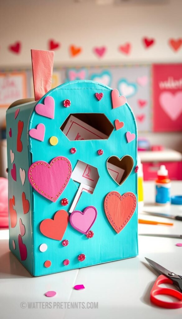 A brightly colored DIY Valentine mailbox crafted from a cereal box, featuring heart-shaped cutouts and cheerful decorations like stickers and glitter. In the foreground, the mailbox is positioned slightly to the left, showcasing its open slot filled with handmade Valentine cards. The middle ground includes a table with craft supplies like scissors, glue, and colored paper scattered around, suggesting a creative workspace. The background displays a softly blurred classroom setting, decorated with pastel colors and Valentine-themed wall art, evoking a warm and inviting atmosphere. The lighting is soft and natural, mimicking sunlight filtering through a window, enhancing the cheerful mood of the scene. The angle is slightly above eye-level, providing a clear view of the mailbox and the crafting process. A brightly colored DIY Valentine mailbox crafted from a cereal box, featuring heart-shaped cutouts and cheerful decorations like stickers and glitter. In the foreground, the mailbox is positioned slightly to the left, showcasing its open slot filled with handmade Valentine cards. The middle ground includes a table with craft supplies like scissors, glue, and colored paper scattered around, suggesting a creative workspace. The background displays a softly blurred classroom setting, decorated with pastel colors and Valentine-themed wall art, evoking a warm and inviting atmosphere. The lighting is soft and natural, mimicking sunlight filtering through a window, enhancing the cheerful mood of the scene. The angle is slightly above eye-level, providing a clear view of the mailbox and the crafting process.