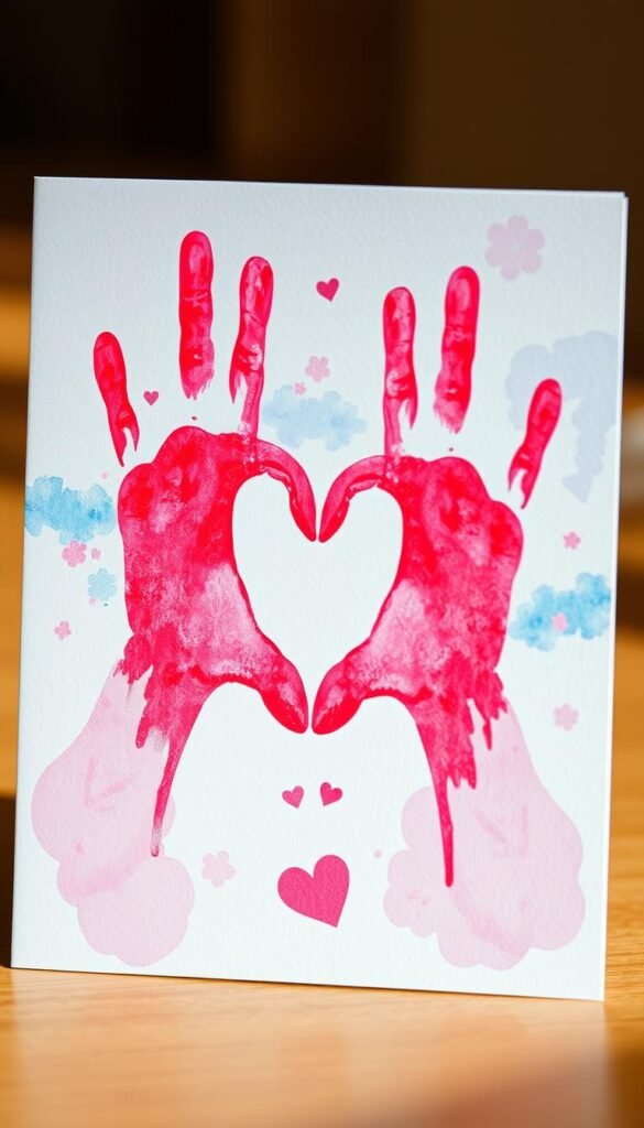A charming Valentine’s Day card design featuring handprints in shades of pink and red, creating a whimsical heart shape in the center. In the foreground, the handprints appear vibrant and textured, adorned with small sparkling heart embellishments. The middle layer includes a soft, watercolor background of pastel colors like light blue and lavender, evoking a serene and loving atmosphere. Delicate, subtle floral patterns are integrated into the design for added warmth and charm. The background is softly blurred, enhancing the focus on the card itself. Natural, warm lighting highlights the card's details, with a slightly tilted angle to give depth. Overall, the mood is joyful and affectionate, ideal for celebrating love and creativity, making this card an adorable keepsake. A charming Valentine’s Day card design featuring handprints in shades of pink and red, creating a whimsical heart shape in the center. In the foreground, the handprints appear vibrant and textured, adorned with small sparkling heart embellishments. The middle layer includes a soft, watercolor background of pastel colors like light blue and lavender, evoking a serene and loving atmosphere. Delicate, subtle floral patterns are integrated into the design for added warmth and charm. The background is softly blurred, enhancing the focus on the card itself. Natural, warm lighting highlights the card's details, with a slightly tilted angle to give depth. Overall, the mood is joyful and affectionate, ideal for celebrating love and creativity, making this card an adorable keepsake.