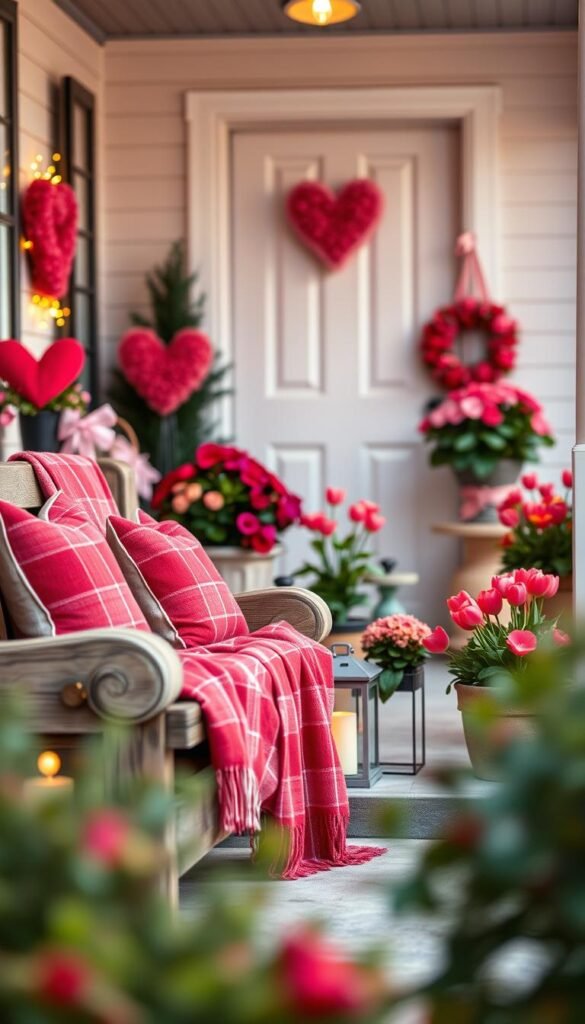 A charming Valentine's Day porch decor scene, featuring a beautifully adorned front porch that seamlessly transitions from winter to spring. In the foreground, include a cozy, rustic wooden bench draped with a soft, red plaid throw and heart-shaped cushions. In the middle, display vibrant potted flowers, such as pink geraniums and red tulips, and a pair of lanterns glowing warmly with fairy lights. The background should showcase a lovely front door painted in pastel colors, framed by heart-shaped wreaths decorated with red and pink accents. Soft, diffused daylight creates a warm and inviting atmosphere, while a shallow depth of field focuses on the porch decor. The angle should be slightly tilted to capture the full charm of the porch. This image conveys a romantic, cozy vibe perfect for celebrating love. A charming Valentine's Day porch decor scene, featuring a beautifully adorned front porch that seamlessly transitions from winter to spring. In the foreground, include a cozy, rustic wooden bench draped with a soft, red plaid throw and heart-shaped cushions. In the middle, display vibrant potted flowers, such as pink geraniums and red tulips, and a pair of lanterns glowing warmly with fairy lights. The background should showcase a lovely front door painted in pastel colors, framed by heart-shaped wreaths decorated with red and pink accents. Soft, diffused daylight creates a warm and inviting atmosphere, while a shallow depth of field focuses on the porch decor. The angle should be slightly tilted to capture the full charm of the porch. This image conveys a romantic, cozy vibe perfect for celebrating love.