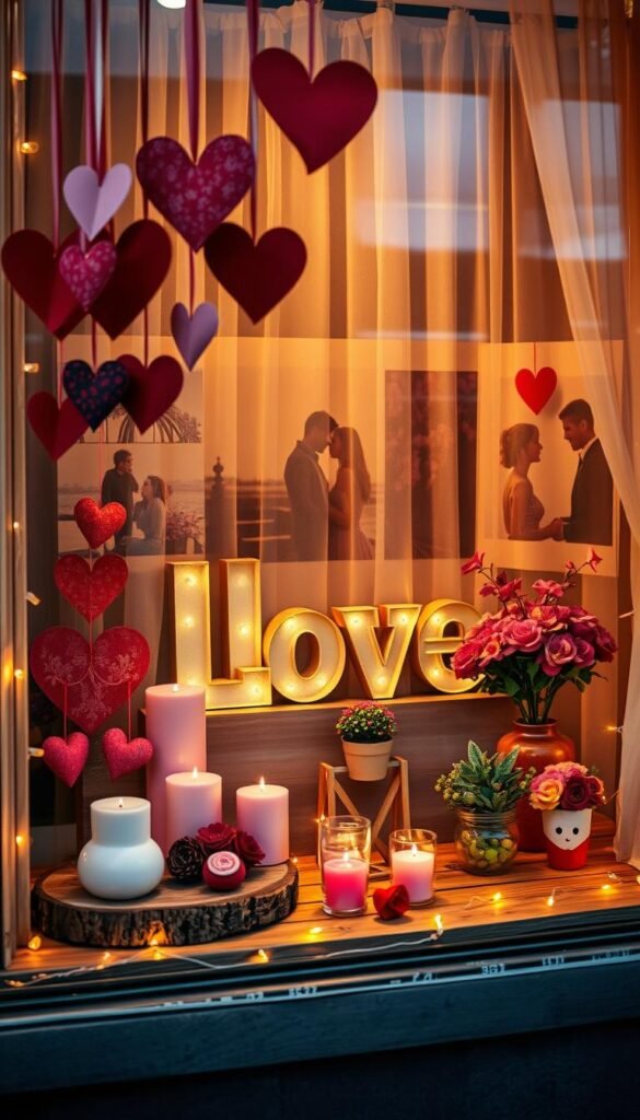 A charming Valentine's Day window display featuring a warm, inviting atmosphere. In the foreground, heart-shaped decorations made from recycled materials, like paper and fabric, hang from the window sill. A rustic wooden table displays handmade crafts, including candles and small potted flowers, all in shades of red and pink. The middle ground showcases a bold "Love" sign crafted from upcycled materials, surrounded by twinkling fairy lights. In the background, soft-focus images of couples enjoying Valentine's Day add warmth, while sheer fabric drapes create a cozy enclosure. The scene is illuminated by gentle, warm lighting, mimicking a sunset, enhancing the romantic mood. Capture the scene from a slight angle to emphasize depth and storytelling, evoking feelings of love and creativity in a budget-friendly storefront display.