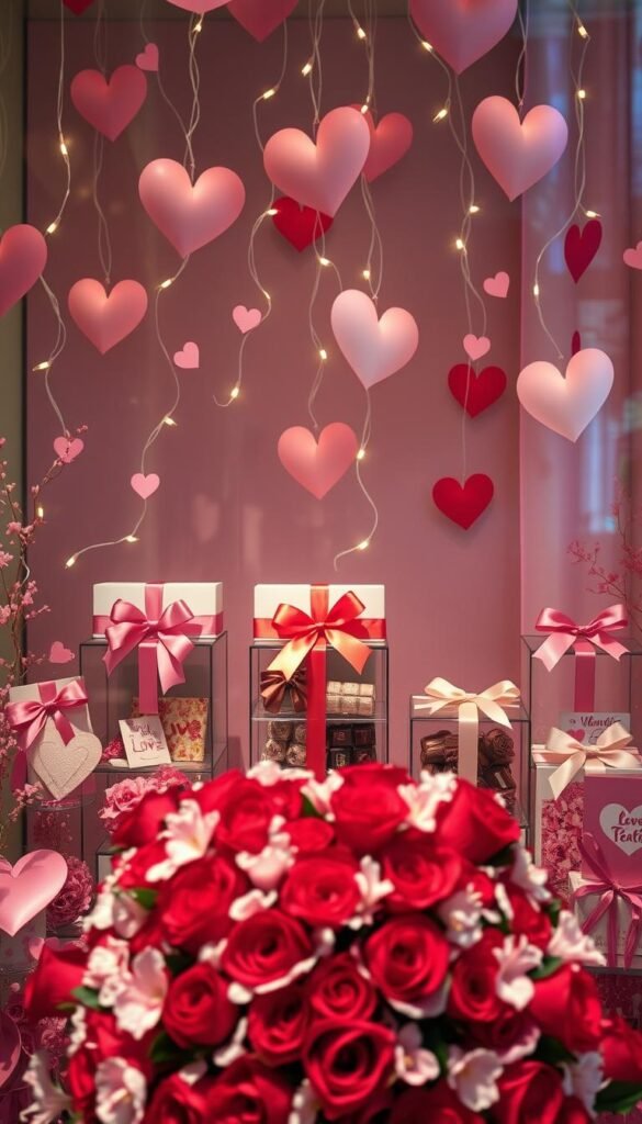 A charming Valentine's Day window display overflowing with love-themed decorations. In the foreground, a beautifully arranged heart-shaped floral centerpiece with red roses and delicate pink petals. In the middle, elegant glass gift boxes tied with satin ribbons, showcasing assorted chocolates and handmade cards. To the background, a soft pastel backdrop adorned with twinkling fairy lights and floating paper hearts, creating a romantic ambiance. The lighting is warm and inviting, with soft glows that highlight the details and add a dreamy effect. The perspective is from an angle that captures the entire display, evoking a sense of delight and inspiration for passersby. The mood is festive and romantic, perfect for capturing the essence of Valentine's Day.