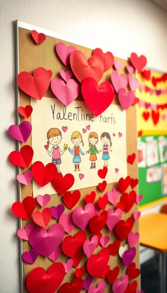 A charming and colorful Valentine-themed bulletin board for preschool, brimming with heart motifs. In the foreground, paper hearts of various sizes and vibrant colors (red, pink, purple) are glued in playful arrangements. The middle layer features hand-drawn illustrations of smiling children happily creating Valentine cards, dressed in casual, cheerful clothing. In the background, a bright classroom wall showcases decorations like garlands of hearts and Valentine-themed artwork. Soft, warm lighting brightens the scene, creating an inviting and joyful atmosphere. The image is captured from a slightly elevated angle, providing a clear view of the bulletin board while emphasizing the playful, creative environment for preschoolers. A charming and colorful Valentine-themed bulletin board for preschool, brimming with heart motifs. In the foreground, paper hearts of various sizes and vibrant colors (red, pink, purple) are glued in playful arrangements. The middle layer features hand-drawn illustrations of smiling children happily creating Valentine cards, dressed in casual, cheerful clothing. In the background, a bright classroom wall showcases decorations like garlands of hearts and Valentine-themed artwork. Soft, warm lighting brightens the scene, creating an inviting and joyful atmosphere. The image is captured from a slightly elevated angle, providing a clear view of the bulletin board while emphasizing the playful, creative environment for preschoolers.
