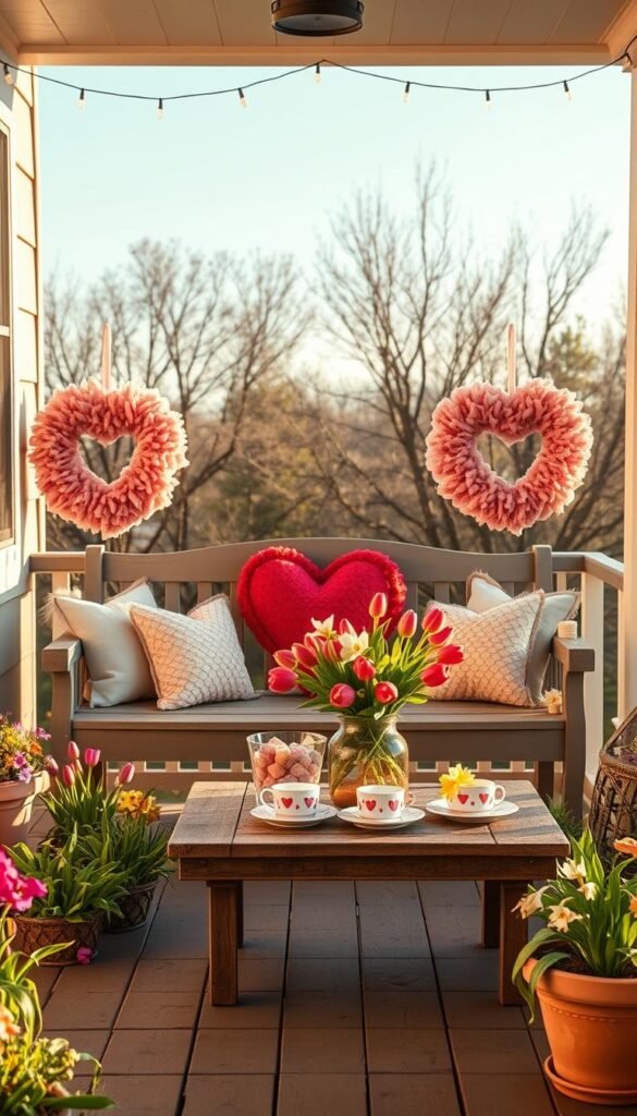 A charming porch scene seamlessly blending Valentine’s Day decor into early spring. In the foreground, a wooden porch adorned with soft pink and red heart-shaped wreaths, surrounded by fresh green sprouts and colorful spring flowers. A cozy bench with pastel throw pillows invites relaxation, while delicate fairy lights hang overhead, casting a warm glow. In the middle, a rustic table displays heart-patterned tableware and a vase filled with blooming tulips and daffodils, symbolizing the transition of seasons. The background features budding trees and a bright, clear blue sky, indicating a fresh start. Capture the image in soft, natural lighting during golden hour to enhance the warm, inviting atmosphere. Use a slightly elevated angle to provide depth and focus on the details of the decorations while conveying a sense of warmth and renewal in the air, ideal for welcoming spring after Valentine’s celebrations. A charming porch scene seamlessly blending Valentine’s Day decor into early spring. In the foreground, a wooden porch adorned with soft pink and red heart-shaped wreaths, surrounded by fresh green sprouts and colorful spring flowers. A cozy bench with pastel throw pillows invites relaxation, while delicate fairy lights hang overhead, casting a warm glow. In the middle, a rustic table displays heart-patterned tableware and a vase filled with blooming tulips and daffodils, symbolizing the transition of seasons. The background features budding trees and a bright, clear blue sky, indicating a fresh start. Capture the image in soft, natural lighting during golden hour to enhance the warm, inviting atmosphere. Use a slightly elevated angle to provide depth and focus on the details of the decorations while conveying a sense of warmth and renewal in the air, ideal for welcoming spring after Valentine’s celebrations.