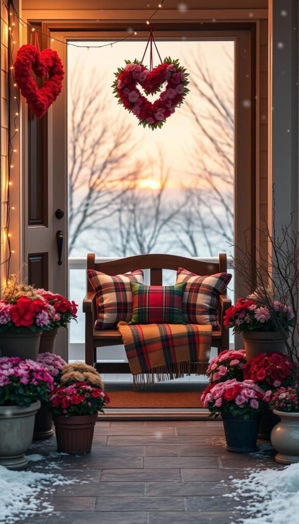 A charming winter-to-spring Valentine porch decor scene features a welcoming entryway. In the foreground, a beautifully arranged display of heart-shaped wreaths made from vibrant red and pink flowers hangs on the door, framed by twinkling fairy lights. On either side, potted plants overflowing with seasonal blooms add color and life. The middle of the image captures a cozy seating area with a rustic bench adorned with colorful cushions and a plaid throw blanket, inviting relaxation. In the background, gentle snowflakes fall against a soft pastel sunset, creating a serene winter atmosphere. The lighting is warm and inviting, casting a gentle glow accentuating the decorations. The angle is slightly elevated, providing a comprehensive view, allowing the viewer to feel the cozy, romantic ambiance of a Valentine's Day porch ready for transition into spring. A charming winter-to-spring Valentine porch decor scene features a welcoming entryway. In the foreground, a beautifully arranged display of heart-shaped wreaths made from vibrant red and pink flowers hangs on the door, framed by twinkling fairy lights. On either side, potted plants overflowing with seasonal blooms add color and life. The middle of the image captures a cozy seating area with a rustic bench adorned with colorful cushions and a plaid throw blanket, inviting relaxation. In the background, gentle snowflakes fall against a soft pastel sunset, creating a serene winter atmosphere. The lighting is warm and inviting, casting a gentle glow accentuating the decorations. The angle is slightly elevated, providing a comprehensive view, allowing the viewer to feel the cozy, romantic ambiance of a Valentine's Day porch ready for transition into spring.