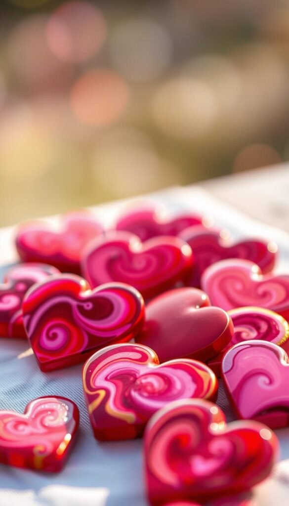 A close-up composition of elegantly crafted alcohol ink Valentine hearts in vibrant hues of red, pink, and gold. In the foreground, showcase a variety of heart shapes with swirling patterns and smooth gradients, each heart reflecting a glossy finish that captures light beautifully. In the middle ground, include a soft, textured surface, perhaps a wooden table or white linen, to contrast with the vivid colors. In the background, create a subtle bokeh effect with soft, diffused pastel colors to evoke a dreamy, romantic atmosphere. The lighting should be warm and inviting, simulating late afternoon sunlight, highlighting the intricate details of each heart while creating a gentle glow around them. The overall mood should be whimsical and festive, perfect for Valentine’s Day crafts.