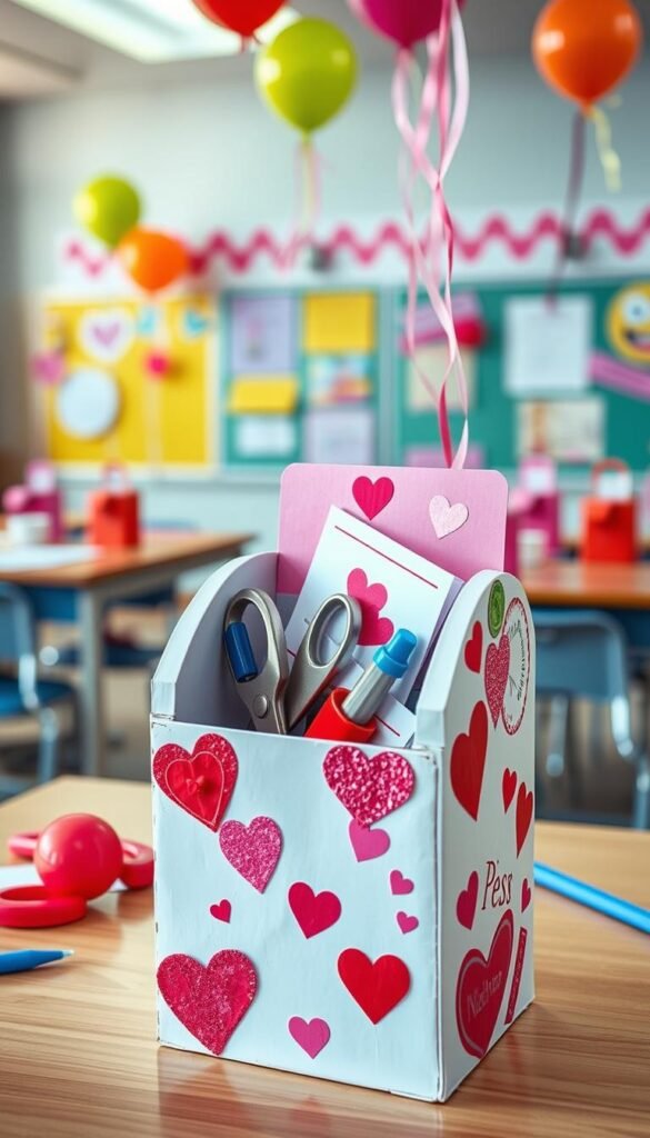 A colorful and creative Recycled Drink Box Valentine Mailbox designed for a classroom display. In the foreground, the mailbox is made from an upcycled juice or milk carton, adorned with bright red and pink hearts, glitter, and playful stickers. The box is opened at the top, revealing handmade valentine cards poking out. In the middle, art supplies like scissors and markers are scattered around, suggesting a crafting zone. The background features a cheerful classroom setting with other DIY mailboxes displayed on desks, decorated with balloons and streamers. Soft, warm lighting creates an inviting atmosphere, and the scene is captured with a slightly elevated angle to encompass the artistic details of the mailbox and its surroundings, evoking a sense of creativity and celebration. A colorful and creative Recycled Drink Box Valentine Mailbox designed for a classroom display. In the foreground, the mailbox is made from an upcycled juice or milk carton, adorned with bright red and pink hearts, glitter, and playful stickers. The box is opened at the top, revealing handmade valentine cards poking out. In the middle, art supplies like scissors and markers are scattered around, suggesting a crafting zone. The background features a cheerful classroom setting with other DIY mailboxes displayed on desks, decorated with balloons and streamers. Soft, warm lighting creates an inviting atmosphere, and the scene is captured with a slightly elevated angle to encompass the artistic details of the mailbox and its surroundings, evoking a sense of creativity and celebration.