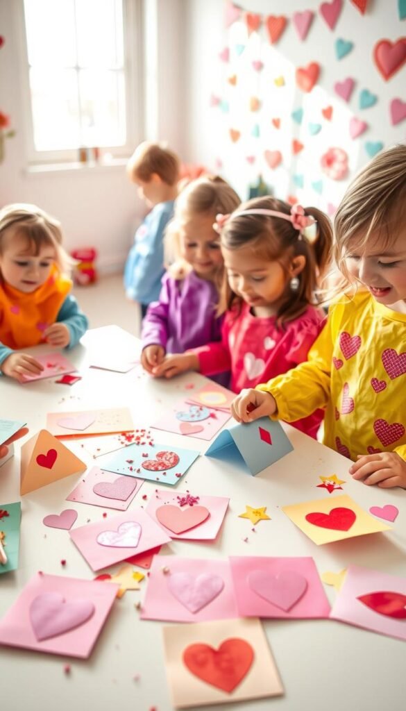 A cozy, brightly lit craft space featuring an array of handmade Valentine's Day cards created by toddlers. In the foreground, several colorful cards crafted from construction paper, adorned with glitter, stickers, and heart cutouts scatter across a child-sized table. The middle ground showcases a few toddlers engaged in the card-making process, wearing playful, colorful smocks, their faces filled with joy and concentration. In the background, the walls are decorated with cheerful Valentine's Day motifs like hearts and flowers. Soft, natural light spills into the room, creating a warm, inviting atmosphere. The scene captures the innocence and creativity of toddlers making simple yet heartfelt cards, reflecting the spirit of Valentine's Day in a mess-free crafting environment.