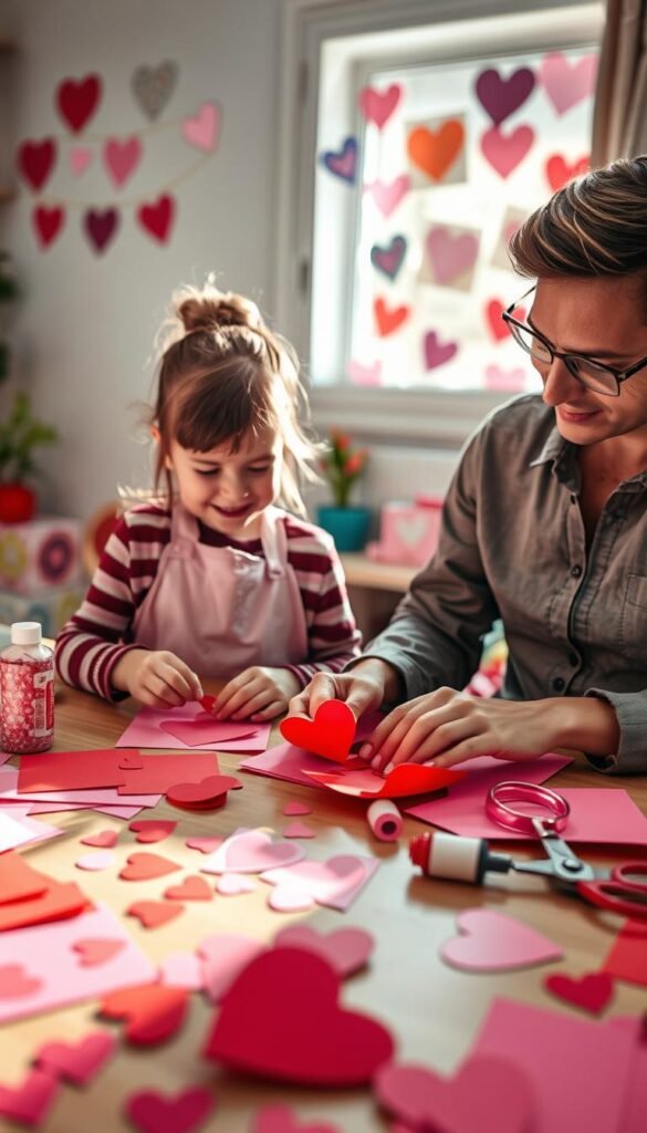 A cozy crafting scene featuring a parent and child engaged in Valentine-themed activities. In the foreground, the table is scattered with bright red and pink construction paper, heart-shaped stickers, glitter glue, and scissors. The child, wearing a cheerful apron, is carefully cutting out paper hearts, while the parent, dressed in casual but tidy attire, offers guidance. In the middle background, a wall adorned with colorful handmade Valentine cards adds charm. The overall atmosphere is warm and inviting, illuminated by soft, natural light coming from a nearby window, casting gentle shadows. Use a shallow depth of field to emphasize the crafting materials and the joyful expressions on their faces while keeping the background slightly blurred. The mood is playful and creative, capturing the spirit of shared crafting moments between adults and kids.