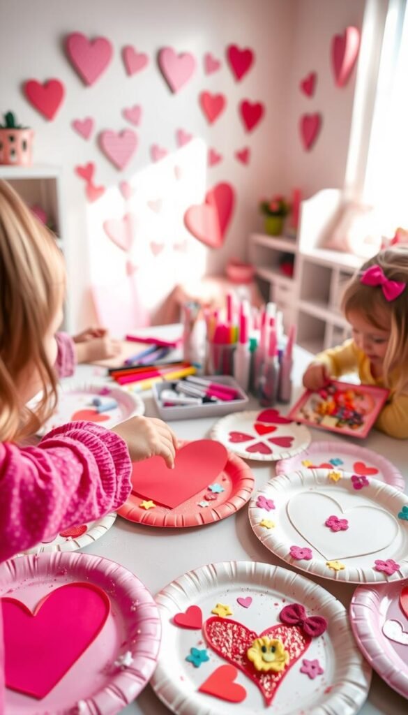 A cozy indoor craft setting featuring colorful Valentine paper plate crafts created by toddlers. In the foreground, several cheerful paper plates decorated with hearts, flowers, and glitter are scattered across a table. A pair of small hands, clad in playful, brightly colored clothing, adds finishing touches to a heart-shaped plate. In the middle, an array of crafting supplies—including markers, glue, and stickers—are thoughtfully arranged, showcasing creativity and engagement. The background features a softly lit room with pastel-colored walls adorned with more Valentine-themed decorations, enhancing the warm atmosphere. The lighting is bright yet soft, casting gentle shadows that give depth to the scene. The overall mood is joyful and playful, embodying the spirit of toddler crafting fun for Valentine's Day.