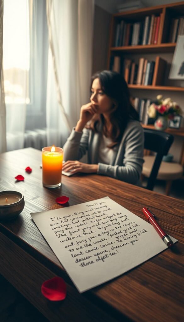 A cozy, intimate scene of a person writing a heartfelt Valentine letter at a wooden desk. In the foreground, a neatly handwritten letter lies on the desk with a red ink pen beside it, surrounded by a few rose petals and a lit candle casting a warm, soft light. The middle ground features the writer, a woman in a modest casual outfit, thoughtfully pondering while glancing towards a window. Natural light filters through sheer curtains, illuminating her focused expression. In the background, shelves filled with books and a small vase of fresh flowers enhance the romantic atmosphere. The mood is warm, tender, and emotionally charged, capturing the essence of love and heartfelt expression.