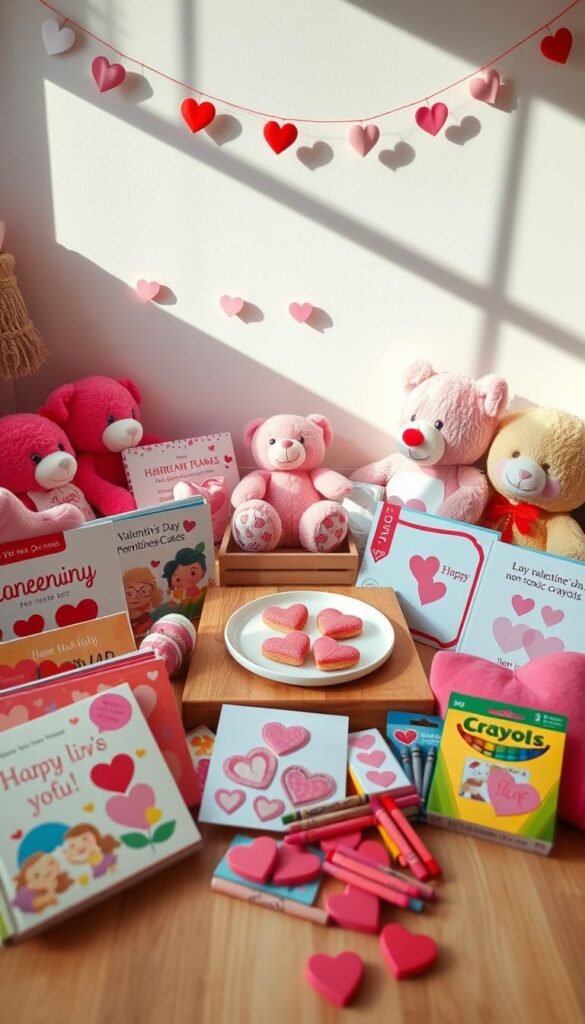 A cozy, inviting scene showcasing an array of Valentine's Day gift ideas for toddlers. In the foreground, an assortment of colorful children's books with heartwarming illustrations, plush stuffed animals in vibrant pinks and reds, and playful craft supplies such as heart-shaped stickers and non-toxic crayons. The middle features a wooden table decorated with heart-shaped cookies on a cute plate, surrounded by charming Valentine's Day cards. In the background, soft, pastel-colored walls adorned with simple heart garlands create a warm atmosphere, while natural light streams in through a nearby window, casting gentle shadows. The mood is cheerful and playful, perfect for capturing the essence of love and creativity for little ones.