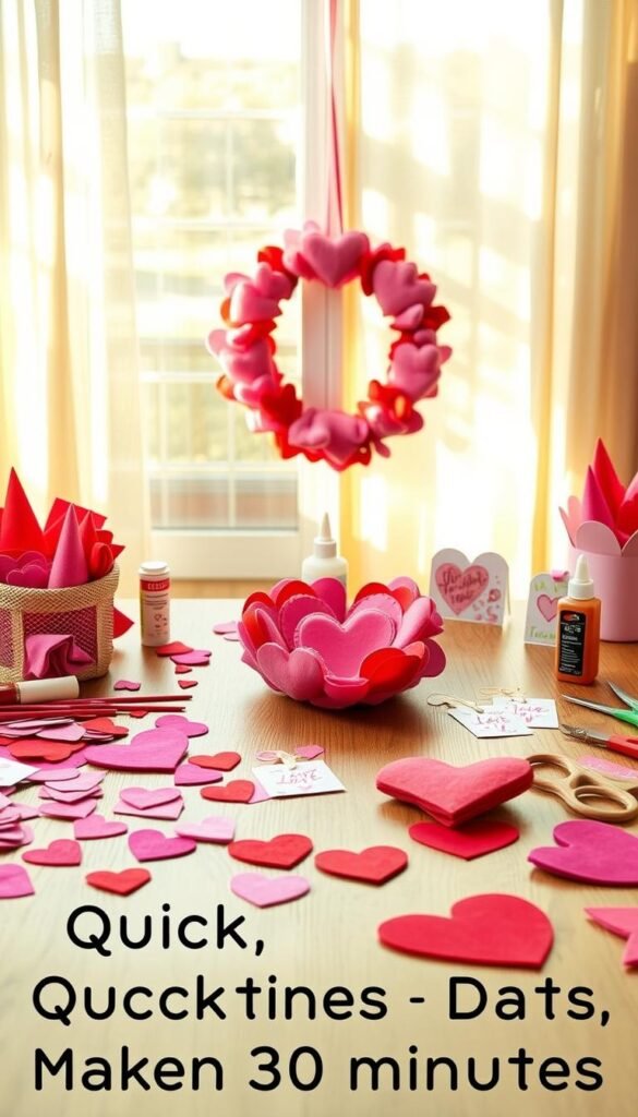 A cozy, inviting workspace adorned with Valentine's Day crafts. In the foreground, a wooden table displays an assortment of colorful crafting supplies, including red and pink felt, heart-shaped paper cutouts, glue, and scissors, all arranged neatly. In the middle ground, a partially finished heart wreath made of felt is shown, surrounded by completed gift tags decorated with love-themed designs. The background features a softly lit window with sheer curtains, allowing warm, natural light to illuminate the scene, casting gentle shadows. The atmosphere is cheerful and creative, evoking a sense of joy and warmth associated with Valentine's Day. The entire setup captures the essence of quick, easy craft projects that are perfect for making in under 30 minutes.