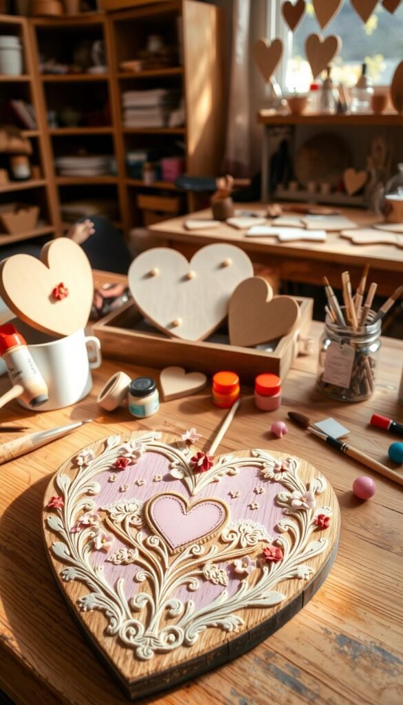 A cozy, inviting workspace featuring a beautifully arranged Valentine's Day wood craft project. In the foreground, a heart-shaped wooden plaque with intricate carvings and painted pastel colors, adorned with hand-crafted embellishments like lace and small faux flowers. Tools such as a wood burner, paintbrushes, and small containers of colorful paint are scattered around to evoke a creative atmosphere. The middle area shows additional wooden hearts and decorative pieces in various stages of completion, with soft, diffused natural light illuminating the scene. The background features a wooden workbench with shelves holding neatly organized craft supplies. The overall mood is warm, inviting, and inspiring, perfect for sparking creativity in potential wood crafters.
