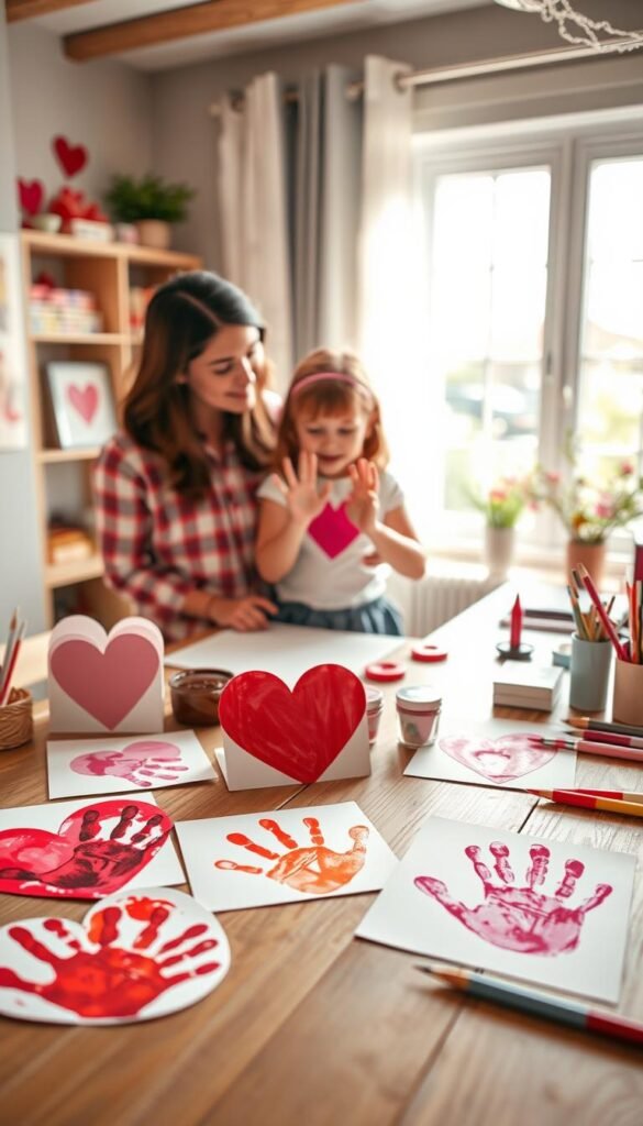 A cozy, inviting workspace filled with soft, natural light, showcasing a variety of handprint Valentine crafts. In the foreground, colorful heart-shaped cards adorned with handprints in reds, pinks, and whites are arranged artfully on a wooden table. Beside them, vibrant paints, brushes, and craft tools are neatly organized. In the middle, a child’s small hands are gently pressing down on a sheet of paper, creating a vivid handprint, while a loving adult watches nearby, encouraging the creation. The background features a large window with light streaming in, casting a warm glow that enhances the cheerful atmosphere. The overall mood is playful and heartwarming, capturing the joy of crafting together for Valentine's Day. No text, watermarks, or distractions present.