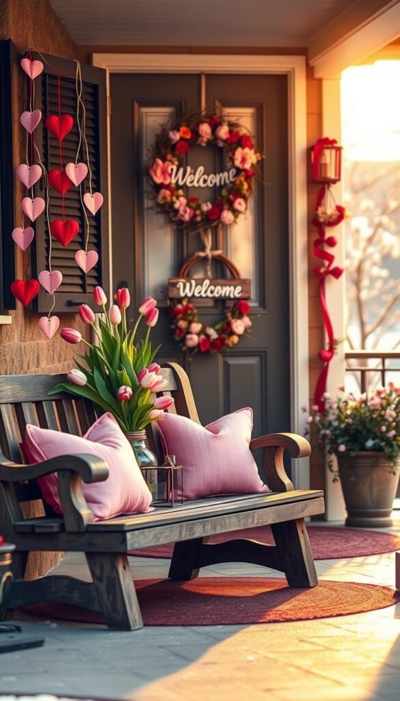 A cozy porch decorated for Valentine's Day, featuring a charming mix of budget-friendly decor. In the foreground, a rustic wooden bench adorned with pink and red heart-shaped pillows. A small table holds a vase filled with fresh tulips and handmade heart garlands hanging elegantly from the porch railing. In the middle ground, a festive door wreath made of twigs and faux flowers, accented with a cheerful "Welcome" sign. The background showcases a softly lit winter scene, with a hint of spring blooms peeking through the snow. The lighting is warm and inviting, casting a golden glow that enhances the romantic atmosphere. Capture this scene from a slight angle to create depth, emphasizing the beauty of the decorations against a serene backdrop. A cozy porch decorated for Valentine's Day, featuring a charming mix of budget-friendly decor. In the foreground, a rustic wooden bench adorned with pink and red heart-shaped pillows. A small table holds a vase filled with fresh tulips and handmade heart garlands hanging elegantly from the porch railing. In the middle ground, a festive door wreath made of twigs and faux flowers, accented with a cheerful "Welcome" sign. The background showcases a softly lit winter scene, with a hint of spring blooms peeking through the snow. The lighting is warm and inviting, casting a golden glow that enhances the romantic atmosphere. Capture this scene from a slight angle to create depth, emphasizing the beauty of the decorations against a serene backdrop.