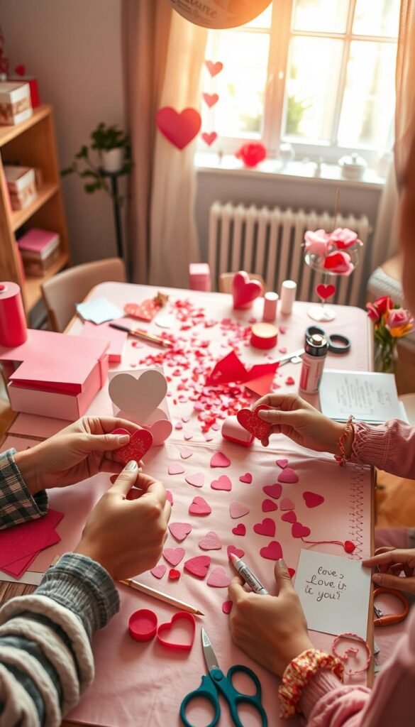 A cozy workspace filled with Valentine's Day craft supplies. In the foreground, a couples' hands are seen making heart-shaped ornaments, surrounded by colorful papers, scissors, glue, and markers. The middle layer features a beautifully decorated table, with a soft pink tablecloth, heart-shaped confetti scattered around, and completed crafts like paper hearts and love notes. In the background, a window allows soft, warm sunlight to filter in, creating a romantic and inviting atmosphere. The scene conveys a sense of togetherness and creativity, with a focus on collaboration and fun. The lighting is soft and warm, evoking a loving vibe, while the overall composition showcases a delightful Valentine’s Day crafting experience, ideally suited for adults.