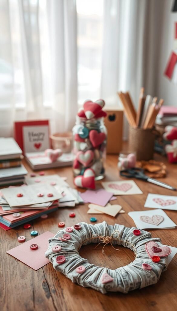 A cozy workspace filled with various upcycled Valentine's crafts made from everyday household items. In the foreground, a heart-shaped wreath crafted from old newspapers and adorned with repurposed buttons and twine. Scattered on a rustic wooden table are colorful card stock pieces and handmade cards featuring creative designs made from past holiday cards. In the middle, a charming glass jar filled with small fabric hearts made from old clothing with scissors and glue sticks nearby. In the background, a softly lit window with sheer curtains creates a warm glow, enhancing the inviting atmosphere of creativity and love. The image captures a handmade, eco-friendly vibe, showcasing thoughtful crafting and sustainable practices, all presented in a well-composed shot with natural lighting, focusing on the intricate details and textures of the crafts.