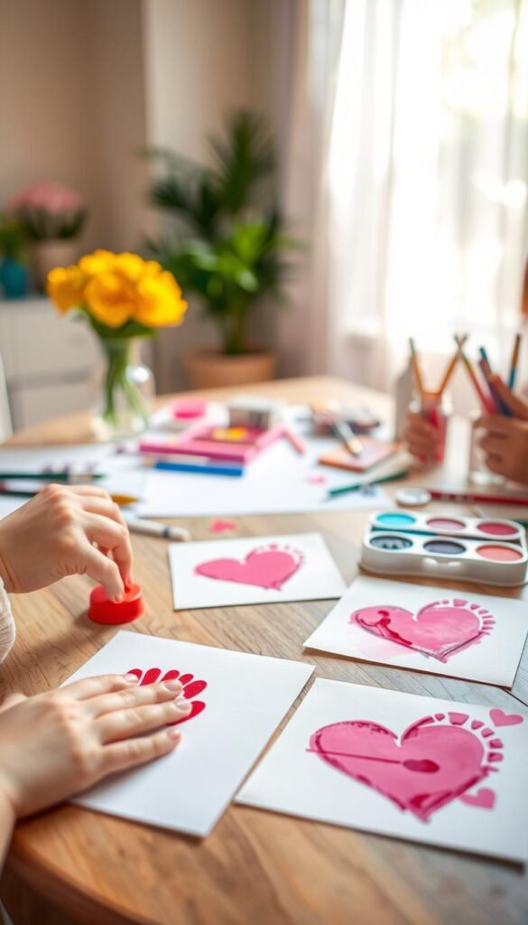 A peaceful, creative workspace featuring a beautifully arranged table with colorful DIY fingerprint heart cards. In the foreground, focus on a pair of small, innocent hands gently applying red and pink non-toxic ink to a rubber stamp shaped like a heart. The fingerprint is about to be pressed onto a blank white card, showcasing a vivid heart shape beside a few other completed cards with various fingerprint designs. In the middle, the table is adorned with vibrant paints, glitter, and brushes, capturing the essence of a fun craft session. The background is softly blurred, hinting at a cozy, sunlit room with pastel-colored walls. Warm, natural lighting illuminates the scene, evoking a joyful, loving atmosphere perfect for Valentine’s Day. A peaceful, creative workspace featuring a beautifully arranged table with colorful DIY fingerprint heart cards. In the foreground, focus on a pair of small, innocent hands gently applying red and pink non-toxic ink to a rubber stamp shaped like a heart. The fingerprint is about to be pressed onto a blank white card, showcasing a vivid heart shape beside a few other completed cards with various fingerprint designs. In the middle, the table is adorned with vibrant paints, glitter, and brushes, capturing the essence of a fun craft session. The background is softly blurred, hinting at a cozy, sunlit room with pastel-colored walls. Warm, natural lighting illuminates the scene, evoking a joyful, loving atmosphere perfect for Valentine’s Day.