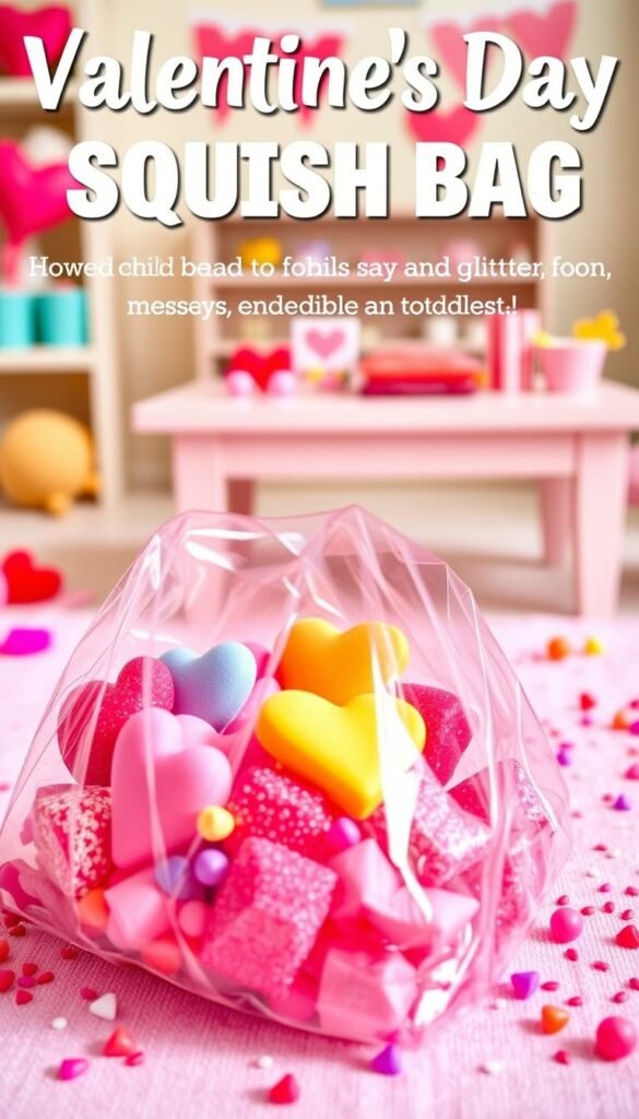 A vibrant Valentine's Day Squish Bag, filled with soft, heart-shaped sensory toys and colorful, non-messy materials like glittery gel and foam beads, set against a playful, child-friendly background. In the foreground, the Squish Bag is partially opened, showcasing the inviting textures and bright colors. The middle ground features scattered bits of Valentine-themed decorations, like paper hearts and mini balloons, enhancing the festive atmosphere. The background includes a cozy, softly-lit room with warm pastel tones and child-safe craft supplies displayed neatly on a table. The lighting is bright and cheerful, creating an inviting mood, perfect for engaging toddlers in sensory play. Capture the image with a slight overhead angle, emphasizing the fun and creativity of the activity, while maintaining a clean, clear aesthetic.