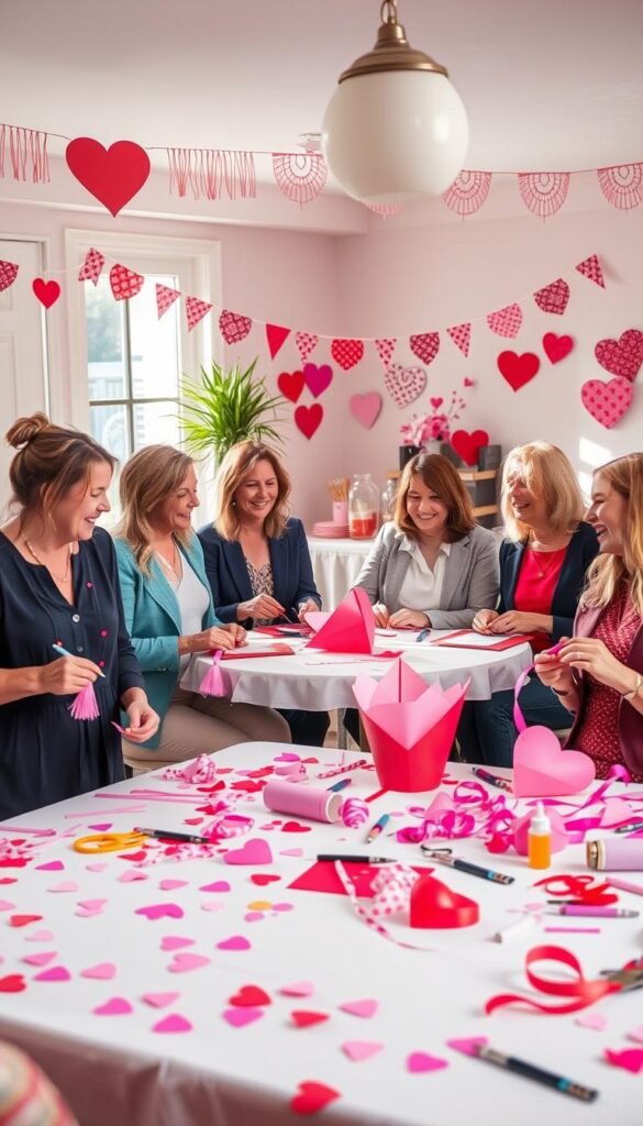 A vibrant Valentine's Day craft party in a cozy, well-lit room. In the foreground, a table is covered with colorful crafting supplies like paper hearts, ribbons, scissors, and glue sticks, with a few half-finished projects scattered across the surface. In the middle, a group of adults in casual, smart attire are engaged in crafting activities, smiling and chatting as they create heart-themed decorations. The atmosphere is warm and inviting, with soft, natural light streaming through a window, casting a cheerful glow. In the background, heart-shaped garlands and papel picado decorations hang on the walls, enhancing the festive mood, while a table with refreshments is subtly visible, creating a welcoming environment for creativity and connection. The overall scene captures the spirit of community and love associated with Valentine's Day, emphasizing creativity and togetherness.
