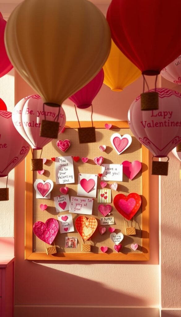A vibrant Valentine's bulletin board filled with colorful hot air balloons in various sizes, decorated with heart designs and whimsical patterns. In the foreground, the hot air balloons display artwork created by preschool students, featuring hand-drawn hearts, cheerful messages, and playful designs. The middle of the scene showcases a bulletin board pinned with decorative paper and textured materials, giving a creative, tactile feel to the display. In the background, soft pastel-colored walls enhance the atmosphere, illuminated by warm, natural lighting that creates a cozy and inviting mood. This enchanting setup should evoke feelings of joy and creativity, perfect for a preschool environment, capturing the essence of student work and collaboration. A vibrant Valentine's bulletin board filled with colorful hot air balloons in various sizes, decorated with heart designs and whimsical patterns. In the foreground, the hot air balloons display artwork created by preschool students, featuring hand-drawn hearts, cheerful messages, and playful designs. The middle of the scene showcases a bulletin board pinned with decorative paper and textured materials, giving a creative, tactile feel to the display. In the background, soft pastel-colored walls enhance the atmosphere, illuminated by warm, natural lighting that creates a cozy and inviting mood. This enchanting setup should evoke feelings of joy and creativity, perfect for a preschool environment, capturing the essence of student work and collaboration.