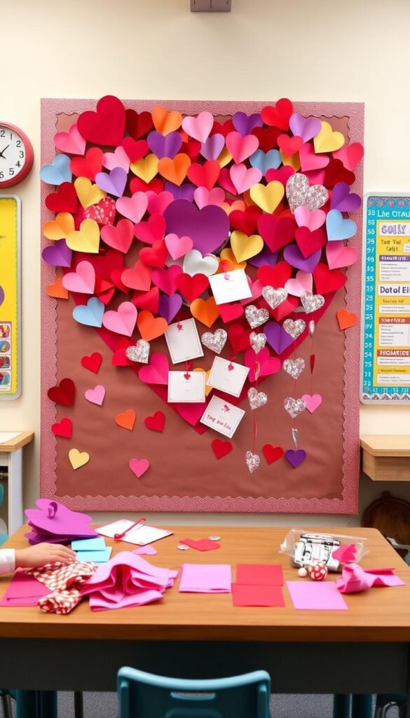 A vibrant and interactive Valentine's Day bulletin board designed for a preschool setting, featuring a large heart-shaped collage made of colorful paper hearts. In the foreground, there are various tactile elements such as felt pieces and fabric swatches that children can touch and explore. The middle layer showcases handcrafted Valentine's cards, some with pop-up elements, and strings of glittering hearts dangling playfully. The background displays a cheerful classroom atmosphere with cheerful colors and soft lighting that creates a warm and inviting environment. A classroom clock and educational posters can be subtly seen along the walls. The overall mood is joyful and engaging, perfect for sparking creativity and interaction among young children. The image is shot from a slightly elevated angle to capture the entire board in context. A vibrant and interactive Valentine's Day bulletin board designed for a preschool setting, featuring a large heart-shaped collage made of colorful paper hearts. In the foreground, there are various tactile elements such as felt pieces and fabric swatches that children can touch and explore. The middle layer showcases handcrafted Valentine's cards, some with pop-up elements, and strings of glittering hearts dangling playfully. The background displays a cheerful classroom atmosphere with cheerful colors and soft lighting that creates a warm and inviting environment. A classroom clock and educational posters can be subtly seen along the walls. The overall mood is joyful and engaging, perfect for sparking creativity and interaction among young children. The image is shot from a slightly elevated angle to capture the entire board in context.