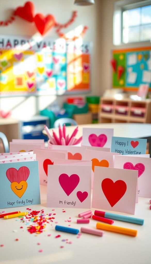 A vibrant collection of Valentine’s Day cards designed for classroom exchanges, displayed in a cheerful setting. In the foreground, several handmade cards are arranged on a craft table, showcasing colorful hearts, playful emojis, and friendly messages. The middle layer features a mix of craft supplies like glitter, stickers, and colorful markers scattered around, emphasizing a DIY spirit. In the background, a softly blurred classroom with bulletin boards adorned with festive decorations creates a warm and inviting atmosphere. Bright, natural lighting streams in from a window, casting pleasant shadows across the scene. The overall mood is joyful and creative, perfect for inspiring DIY card-making. A vibrant collection of Valentine’s Day cards designed for classroom exchanges, displayed in a cheerful setting. In the foreground, several handmade cards are arranged on a craft table, showcasing colorful hearts, playful emojis, and friendly messages. The middle layer features a mix of craft supplies like glitter, stickers, and colorful markers scattered around, emphasizing a DIY spirit. In the background, a softly blurred classroom with bulletin boards adorned with festive decorations creates a warm and inviting atmosphere. Bright, natural lighting streams in from a window, casting pleasant shadows across the scene. The overall mood is joyful and creative, perfect for inspiring DIY card-making.